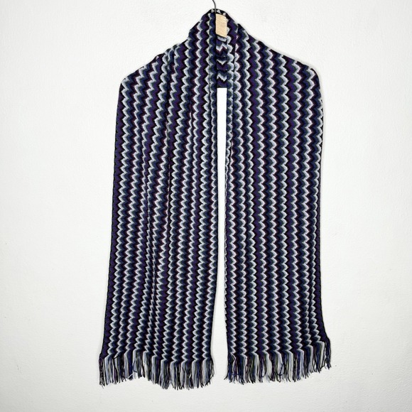 Missoni Zig Zag Stripe Purple Blue Fringe Scarf Wool Blend Long Designer Winter - Picture 1 of 13